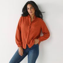 Blouse col montant volantée, dentelle - Marron - Taille 50 - Coton - Blancheporte