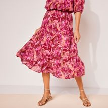 Jupon court volanté imprimé feuillage, crépon - Rose - Taille 38/40 - Viscose - Blancheporte