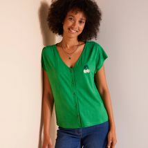T-shirt col V boutonné brodé cerises - Vert - Taille 52 - Coton/jersey/viscose - Blancheporte