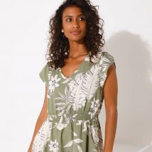 Robe courte macramé, imprimé tropical, taille smockée - Kaki - Taille 52 - Viscose - Blancheporte