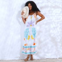 Robe longue volantée fines bretelles, imprimé XXL - Blanc - Taille 36 - Viscose - Blancheporte