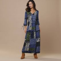 Robe longue imprimé patchwork col V - Bleu - Taille 46 - Viscose - Blancheporte