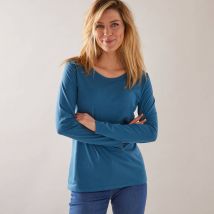 T-shirt col rond manches longues uni - Bleu - Taille 42/44 - Coton/jersey/viscose - Blancheporte
