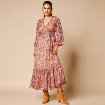 Robe longue décolleté cache-coeur, voile imprimé - T36 - Kaki - Lora Zellini - Blancheporte