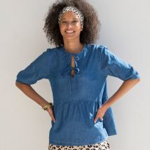 Blouse en jean manches 3/4, avec liens et basque - Bleu - Taille 36 - Coton - Blancheporte