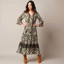 Robe longue imprimée manches 3/4, détails macramé - Kaki - Taille 36 - Viscose - Lora Zellini - Blancheporte