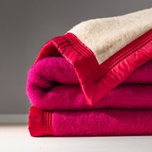 Couverture bicolore pure laine 800 g/m² - Rose - Laine/satin - Ourson - Blancheporte