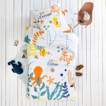 Linge de lit enfant Marius coton - Imprimé aquatiques - Blanc - Coton - Colombine Des Petits - Blancheporte