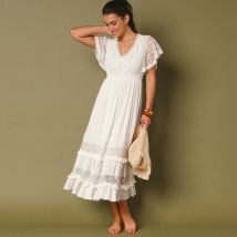 Robe longue crépon et tulle brodé - Écru - Taille 40 - Viscose - Blancheporte