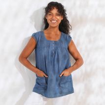 Tunique évasée col rond, denim - Bleu - Taille 54 - Coton - Blancheporte