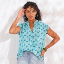 Blouse sans manches imprimée, crépon - Turquoise - Taille 50 - Viscose - Blancheporte