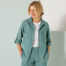 Chemisier lin-coton, manches retroussables - Bleu - Taille 42 - Coton/lin - Blancheporte