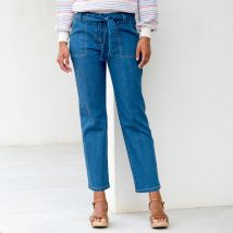 Jean droit taille haute, ceinture à nouer - Taille 42 - Bleu - Blancheporte