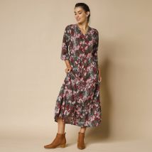Robe longue boutonnée, imprimé fleuri - Noir - Taille 52 - Viscose - Blancheporte