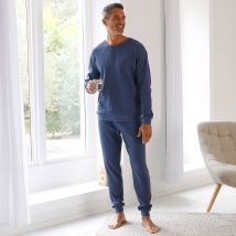 Pyjama col tunisien nid d'abeille manches longues - Bleu - Taille L - Coton - Blancheporte