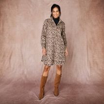 Robe-chemisier imprimée peau de bête, manches longues - Taupe - Taille 38 - Coton - Blancheporte