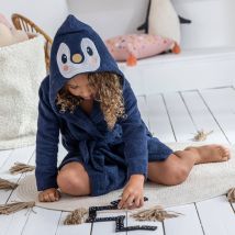 Peignoir de bain enfant Pingouin à capuche - Bleu - Coton - Colombine Des Petits - Blancheporte