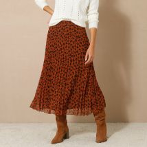 Jupe longue plissée, voile imprimé léopard - Taille 54 - Marron - Blancheporte