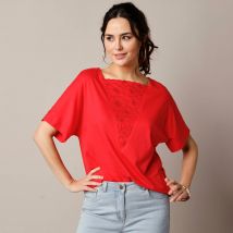 T-shirt boite brodé, manches courtes amples - Rouge - Taille 42/44 - Coton/jersey/viscose - Lora Zellini - Blancheporte
