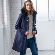 Duffle-coat capuche fausse fourrure uni - Taille 40 - Bleu - Blancheporte