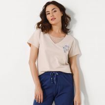 T- shirt pyjama manches courtes motif floral imprimé - Beige - Taille 50 - Coton/jersey - Blancheporte