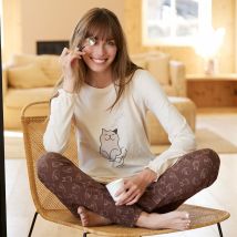Pyjama motif "chat" manches longues volantées - Écru - Taille 52 - Coton/jersey - Blancheporte