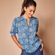 Blouse imprimée manches coudes, crépon - Bleu - Taille 44 - Viscose - Lora Zellini - Blancheporte