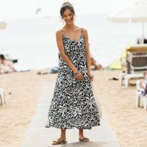 Robe longue imprimée, bretelles réglables - Noir - Taille 46 - Viscose - Blancheporte