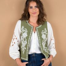 Veste brodée sans manches - Kaki - Taille 48 - Coton - Lora Zellini - Blancheporte