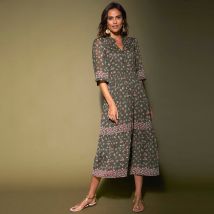 Robe volantée imprimée manches coudes - Taille 40 - Kaki - Blancheporte