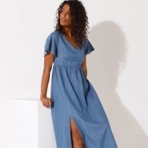 Robe longue manches papillons, jean - Bleu - Taille 36 - Coton - Blancheporte