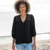 Chemisier col V boutonné, crépon fluide macramé - Noir - Taille 52 - Viscose - Blancheporte
