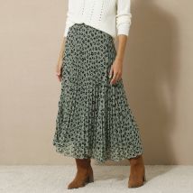 Jupe longue plissée, voile imprimé léopard - Taille 52 - Kaki - Blancheporte