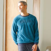 Pyjama "Hello" en maille polaire, toucher peluche - Taille S - Bleu - Blancheporte