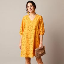Robe broderie anglaise manches 3/4 - Jaune - Taille 36 - Coton - Lora Zellini - Blancheporte