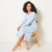 Chemise de nuit longue manches longues imprimé fleuri - Bleu - Taille 58 - Coton/jersey - Blancheporte