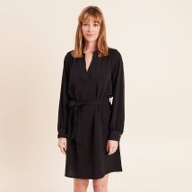Robe droite courte col v manches longues noir femme