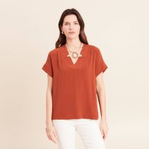 Blouse fluide manches courtes marron foncé femme