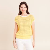 Pull ajouré sans manches col rond jaune pastel femme