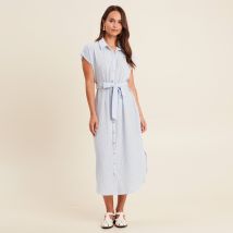 Robe longue droite col chemise bleu femme