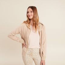 Gilet droit mi-long à capuche creme femme