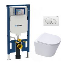 Pack WC Bati-support Geberit UP720 extra-plat + Cuvette SAT Infinitio sans bride fixations invisibles + Plaque blanche