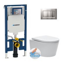Pack WC Bati-support Geberit + Cuvette suspendue sans bride SAT + Abattant frein de chute + Plaque de commande Chrome mat