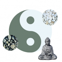 King Materiaux - Kit Yin-Yang Galets vert & blanc de marbre + Statue Bouddha + Bordures de jardin