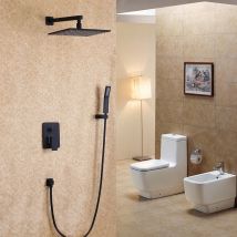 Kroos - Douche de pluie fixée au mur noir et ensemble de douche avec douchette en laiton massif 300 mm