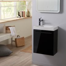 Planetebain - meuble pour WC noir brillant avec vasque en céramique blanche et mitigeur noir