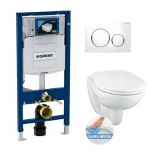 Pack WC Bati Geberit Duofix + WC suspendu Porcher sans bride + abattant Eurovit + Plaque de commande blanche/chrome (GebPorcher
