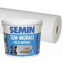 Colle pour toiles de verre en pâte Semin - seau 5 kg et toile de verre pour murs et plafonds Sem Crepi Eco C 103 - Motif Crépi - 50 m x 1 m