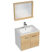 Saniverre - RUBITE Meuble salle de bain simple vasque 2 portes chêne clair largeur 60 cm + miroir cadre