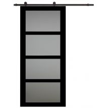 Porte Coulissante Telia Noir Vitrée H204 X L83 + Rail à Roulettes Gd Menuiseries